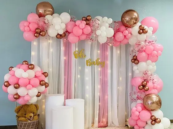 pink and white theme 6 month balloon decoration